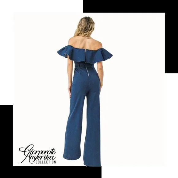 Denim off the Shoulder Ruffle Belted Jumpsuit - Picture 2 of 5